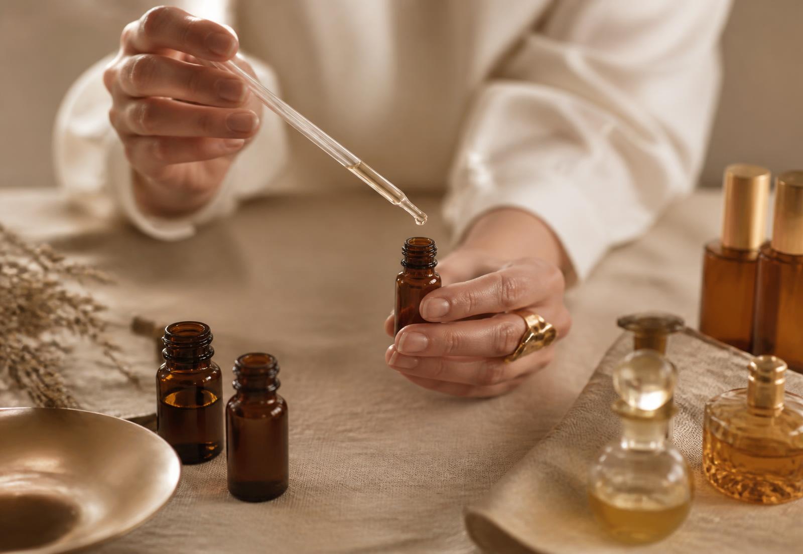 A perfumer blending fragrance oils with a glass pipette